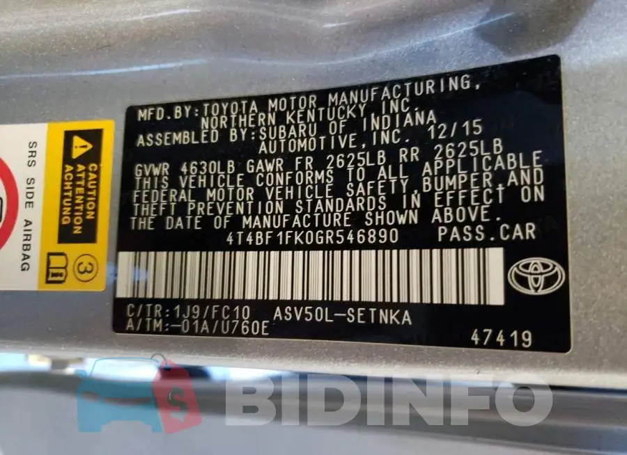 4T4BF1FK0GR546890 Photo# 12