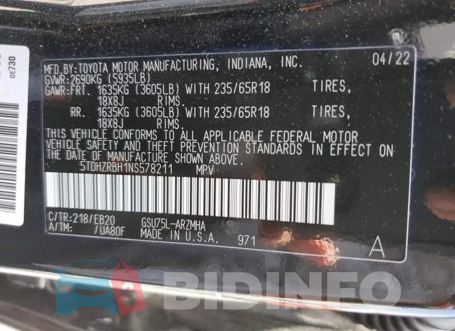 5TDHZRBH1NS578211 Photo# 13