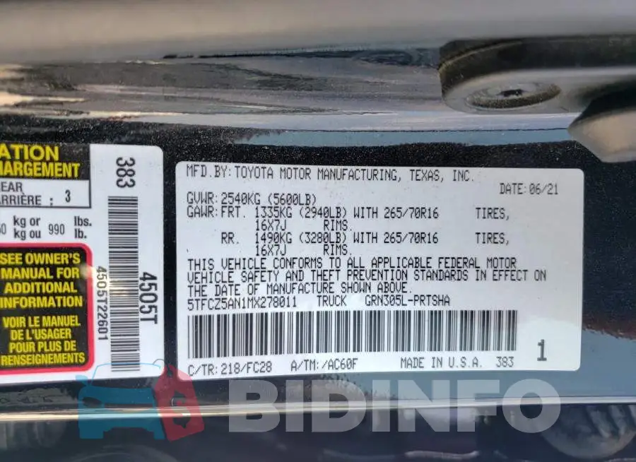 5TFCZ5AN1MX278011 Photo# 13