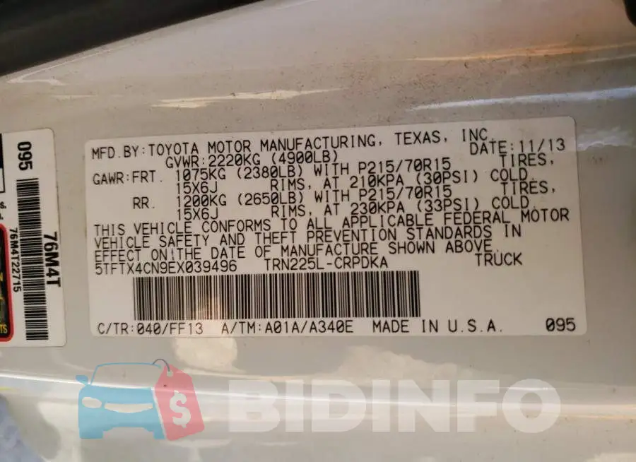 5TFTX4CN9EX039496 Photo# 12