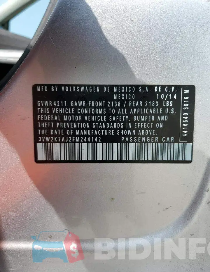 3VW2K7AJ2FM244142 Photo# 13