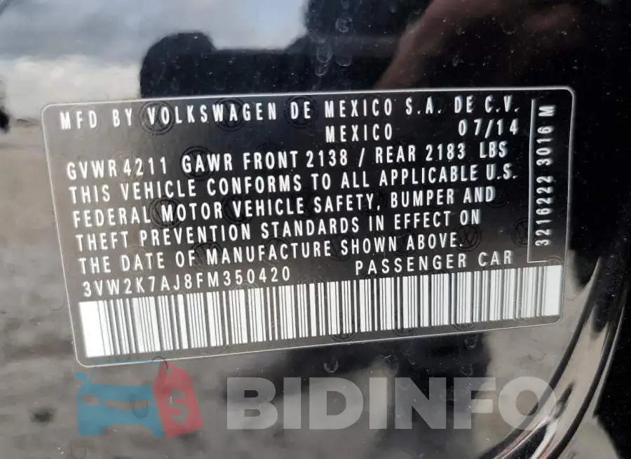 3VW2K7AJ8FM350420 Photo# 13