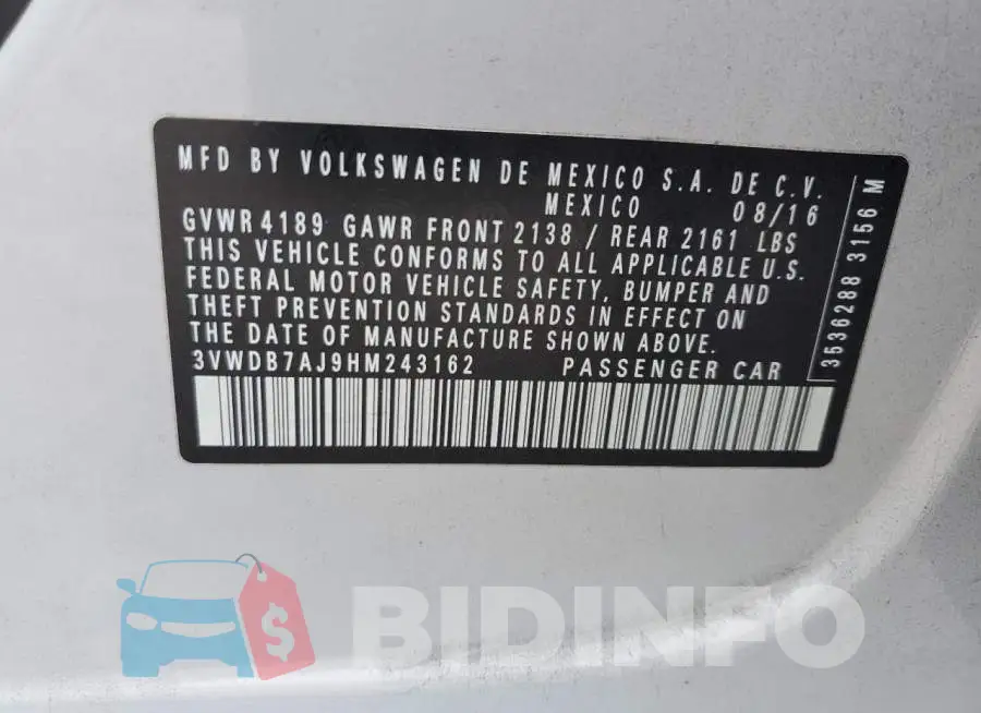 3VWDB7AJ9HM243162 Photo# 13
