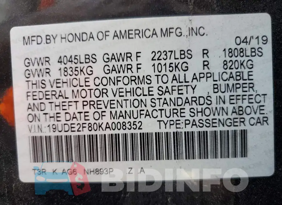 19UDE2F80KA008352 Photo# 12