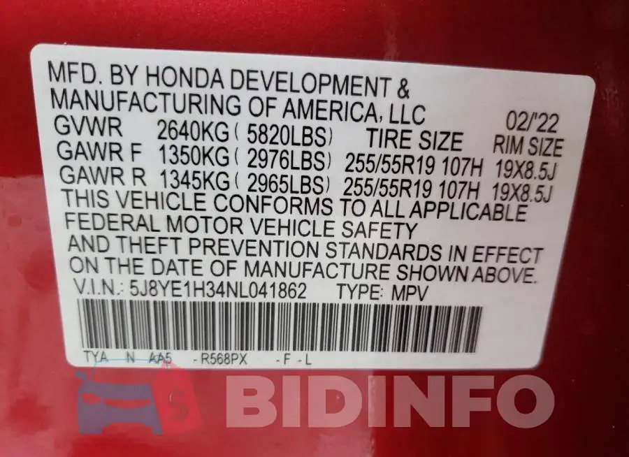 5J8YE1H34NL041862 Photo# 14