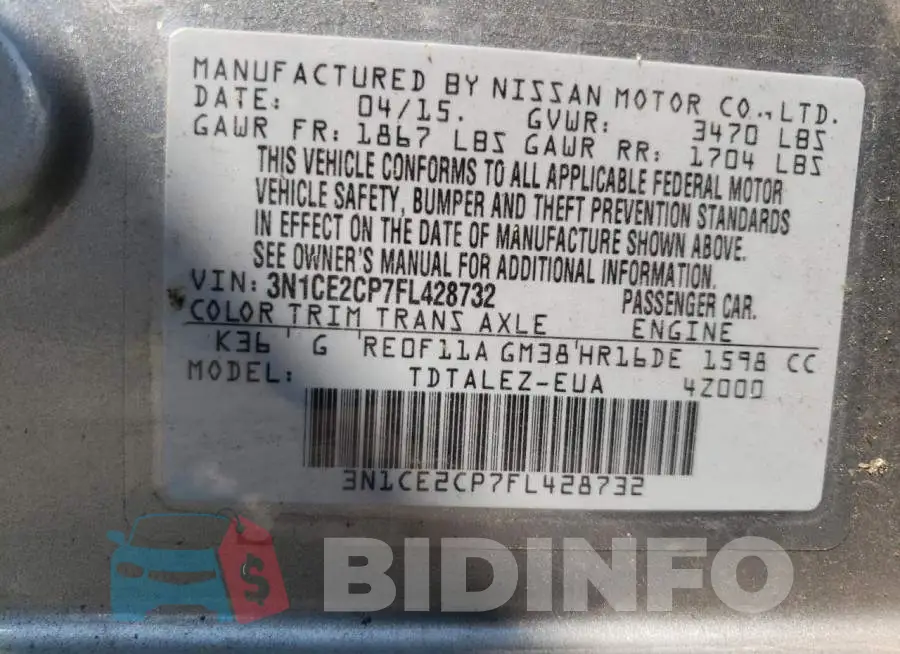 3N1CE2CP7FL428732 Photo# 12