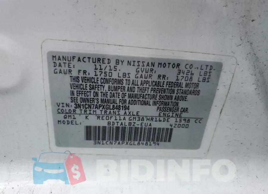 3N1CN7APXGL848194 Photo# 12