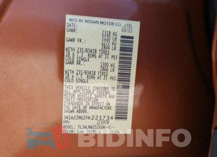 5N1AZ2MG2FN221734 Photo# 14