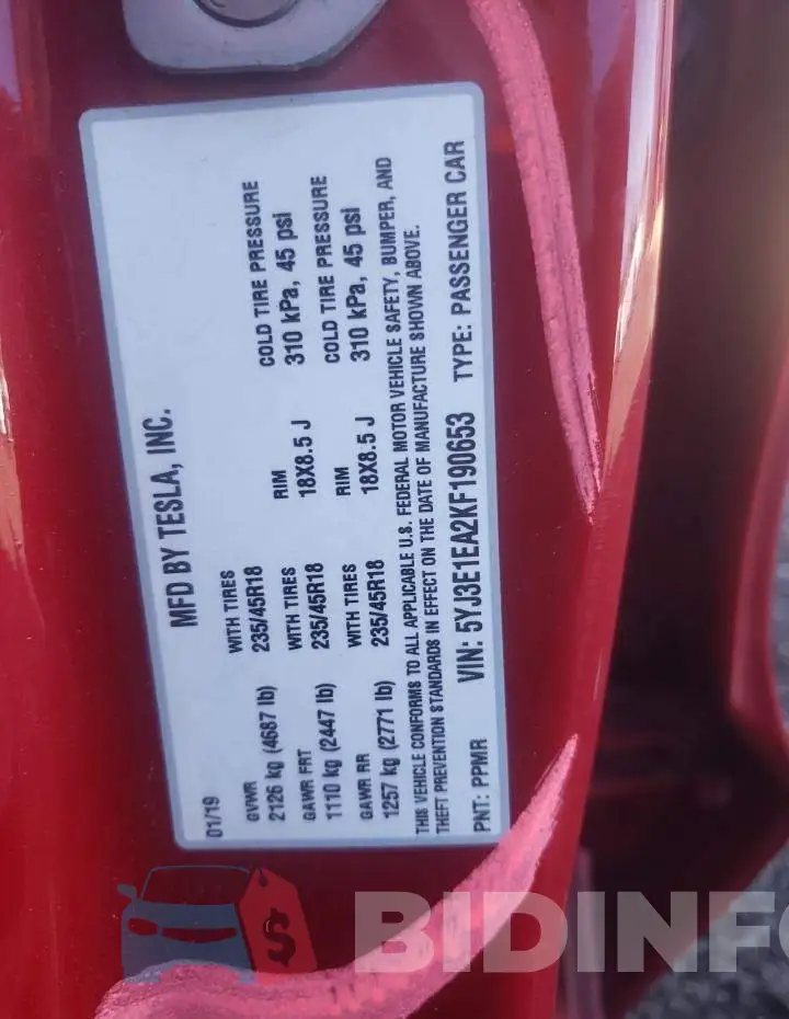 5YJ3E1EA2KF190653 Photo# 13