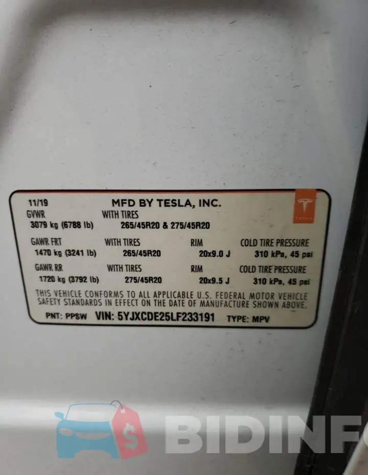 5YJXCDE25LF233191 Photo# 12