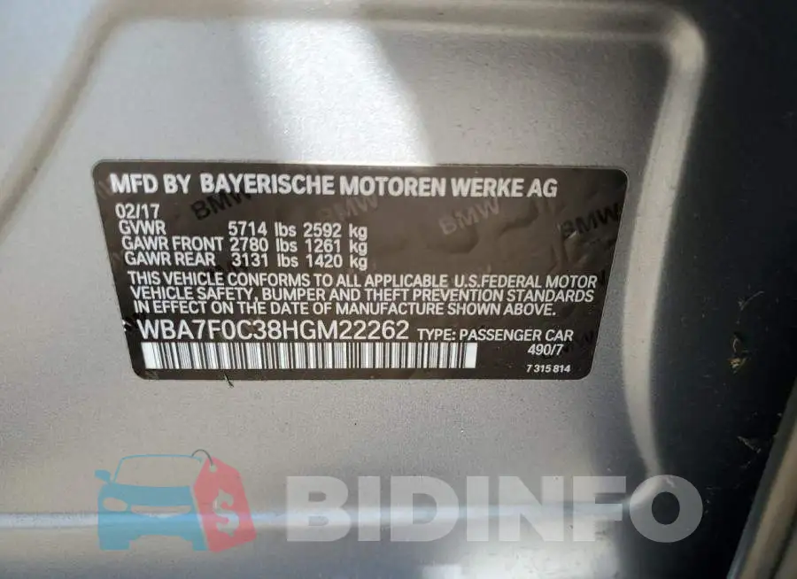 WBA7F0C38HGM22262 Photo# 13