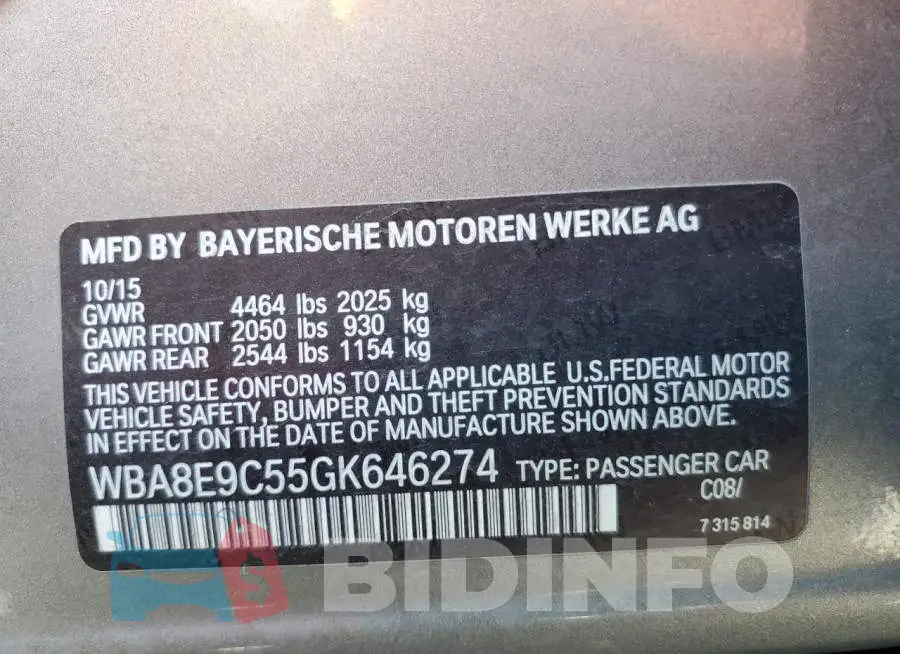 WBA8E9C55GK646274 Photo# 13