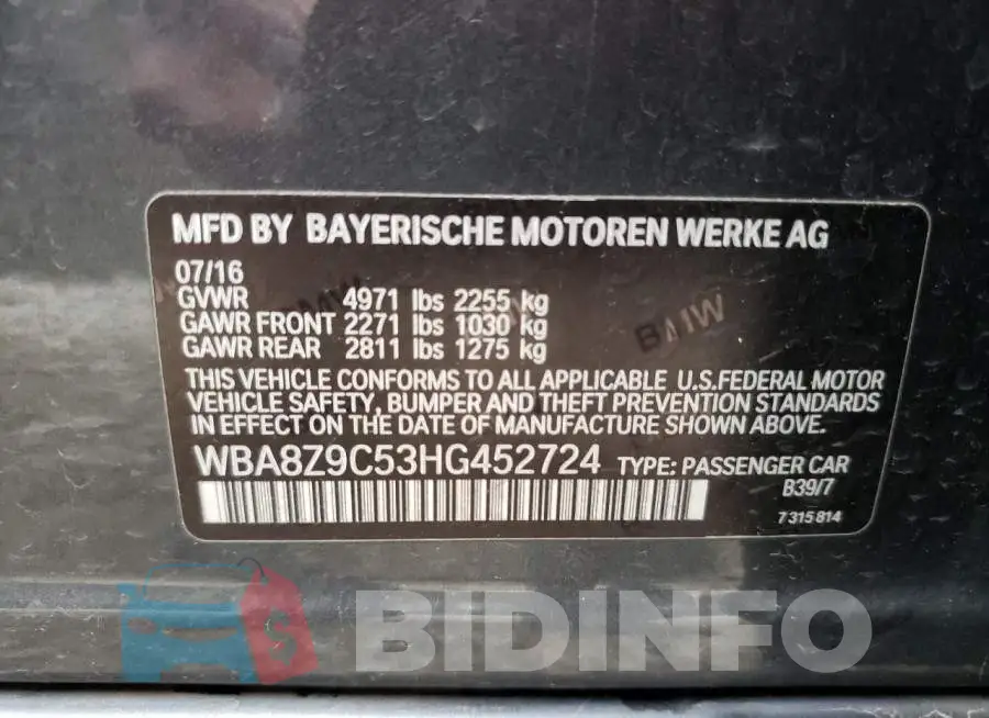 WBA8Z9C53HG452724 Photo# 12