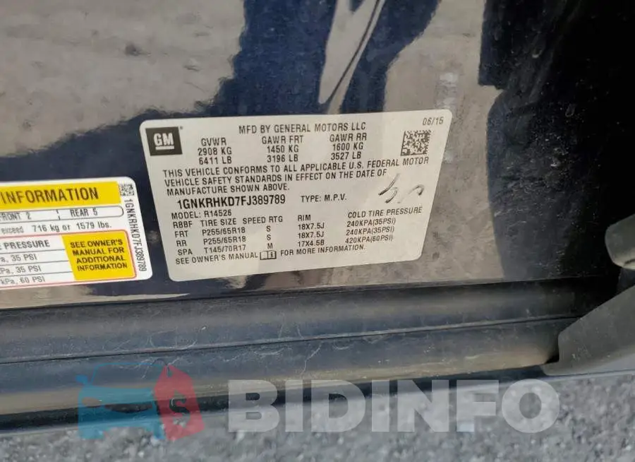 1GNKRHKD7FJ389789 Photo# 12