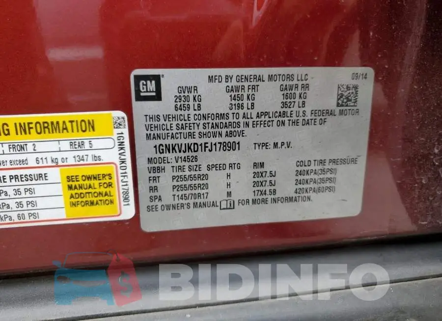 1GNKVJKD1FJ178901 Photo# 13