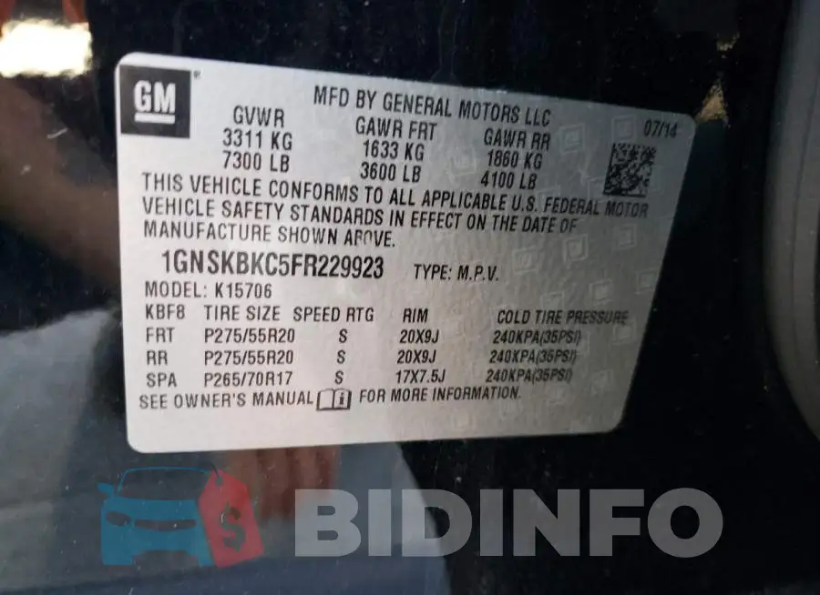 1GNSKBKC5FR229923 Photo# 13
