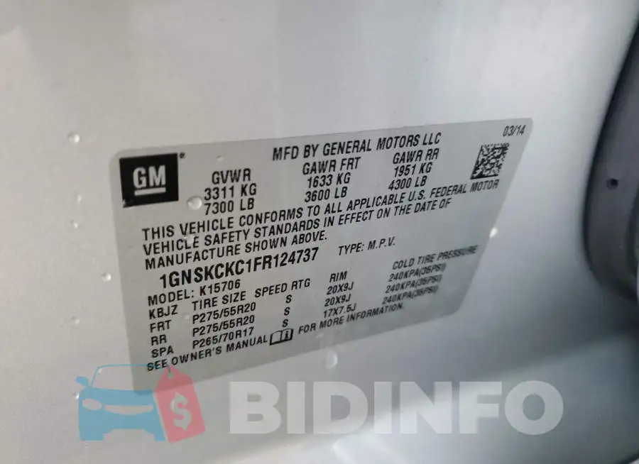 1GNSKCKC1FR124737 Photo# 14