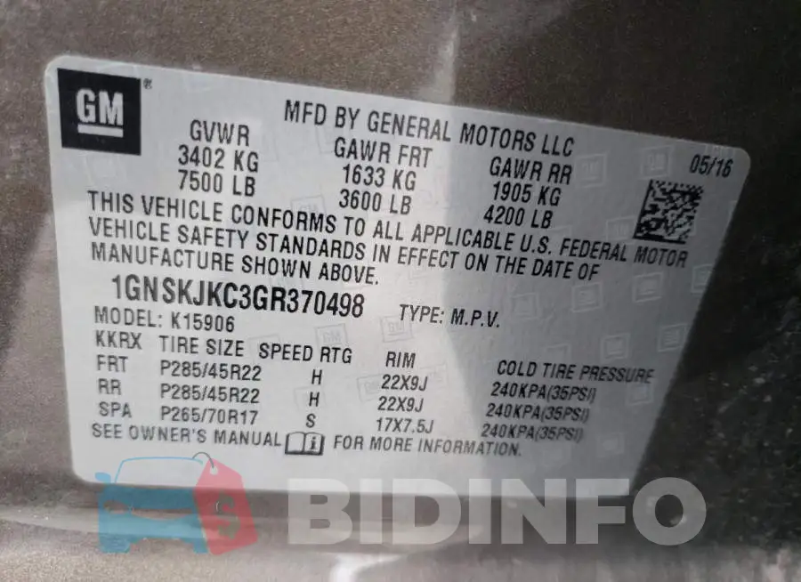 1GNSKJKC3GR370498 Photo# 14
