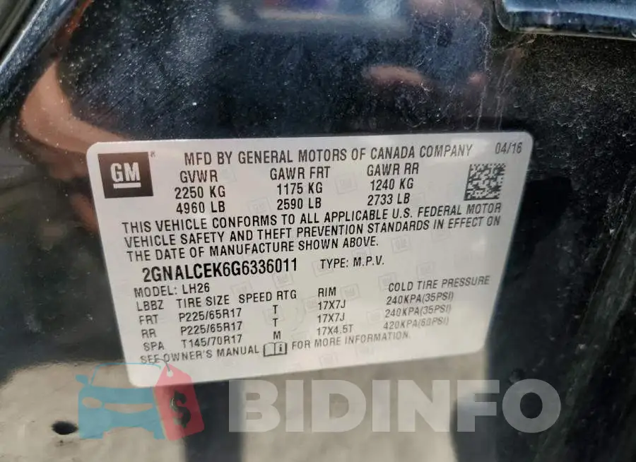 2GNALCEK6G6336011 Photo# 12