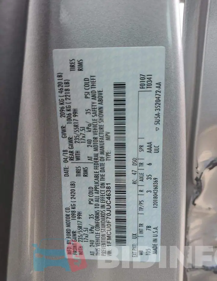 1FMCU0F70JUC46381 Photo# 13