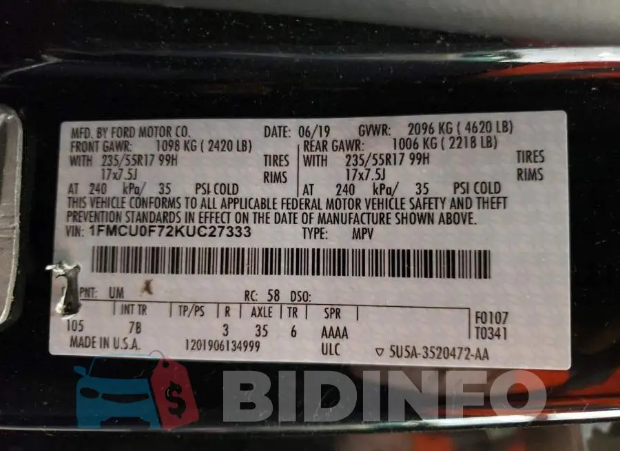 1FMCU0F72KUC27333 Photo# 12