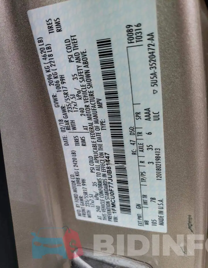 1FMCU0F77JUB81447 Photo# 12
