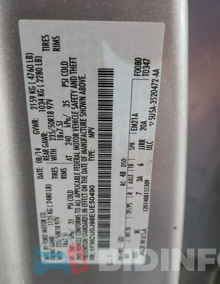 1FMCU0J98EUE50490 Photo# 13