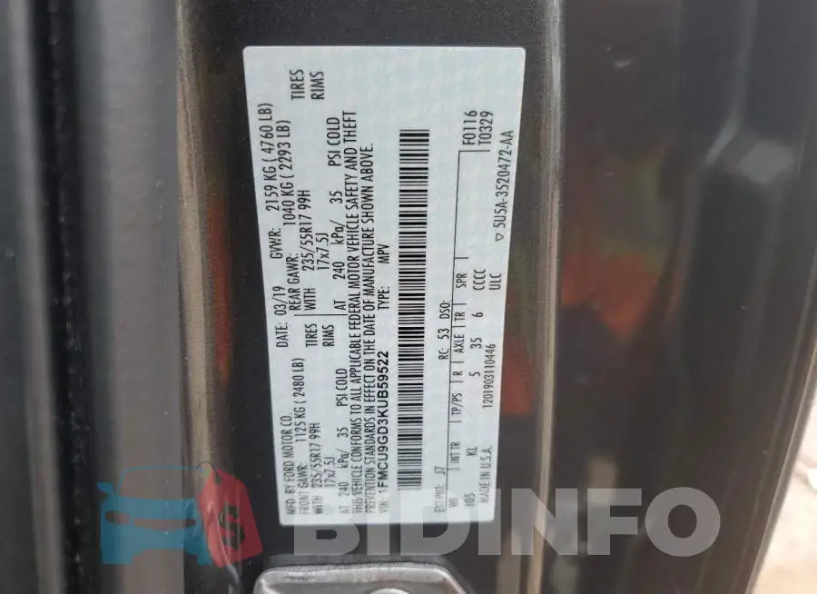 1FMCU9GD3KUB59522 Photo# 13