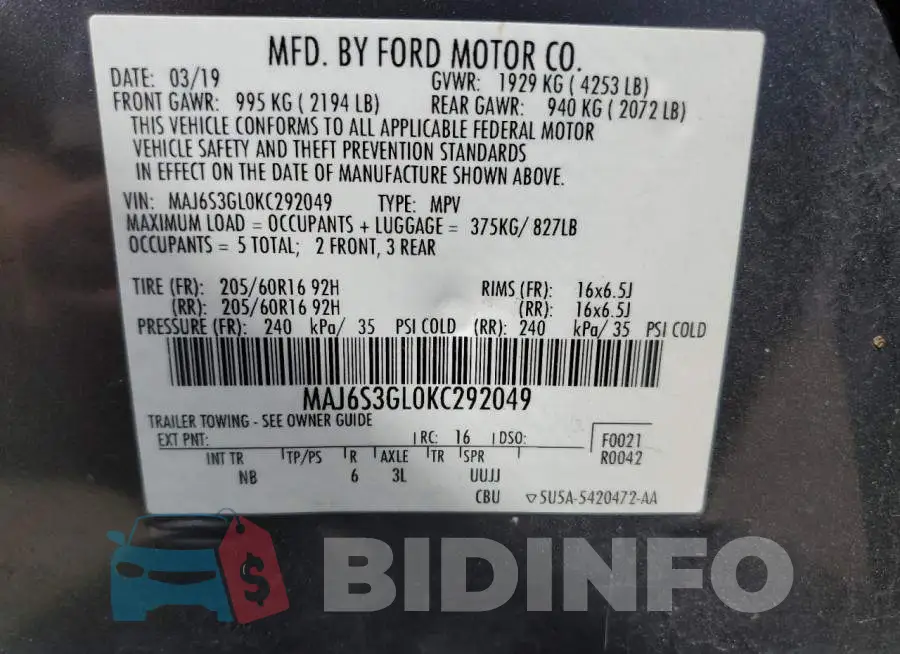 MAJ6S3GL0KC292049 Photo# 13