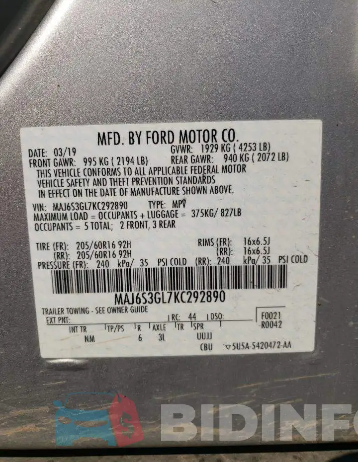 MAJ6S3GL7KC292890 Photo# 13