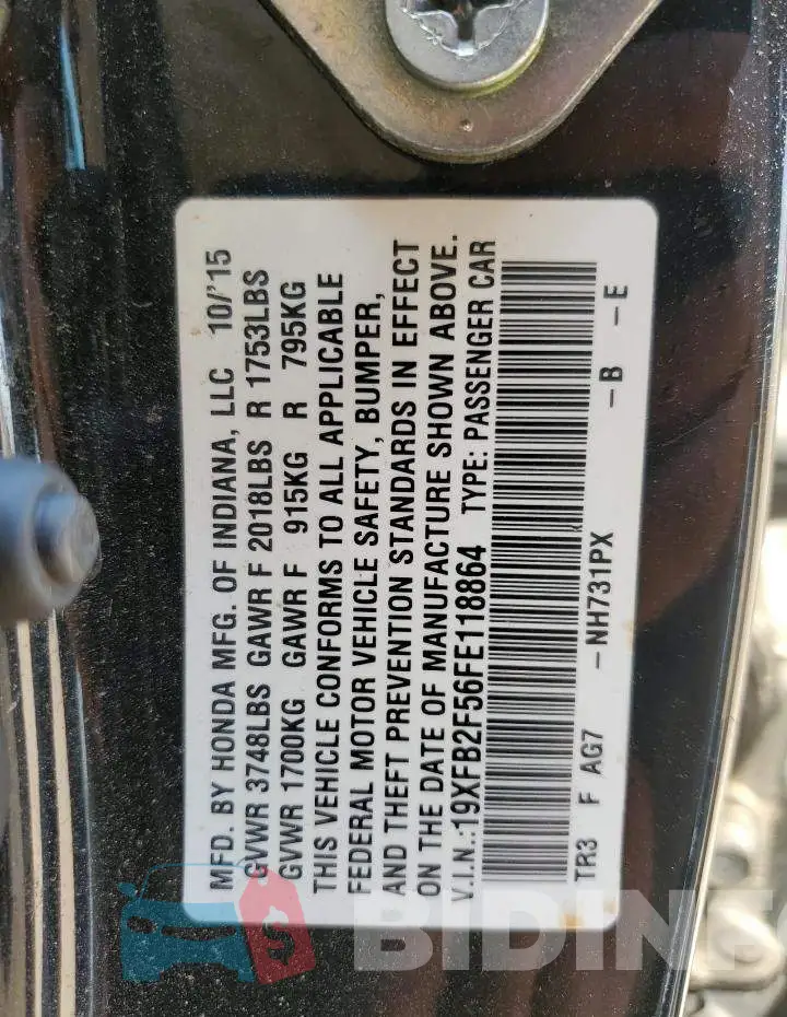 19XFB2F56FE118864 Photo# 12