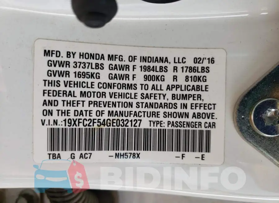 19XFC2F54GE032127 Photo# 12