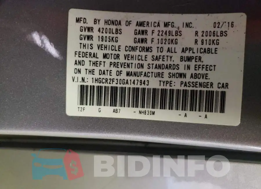 1HGCR2F30GA147943 Photo# 13