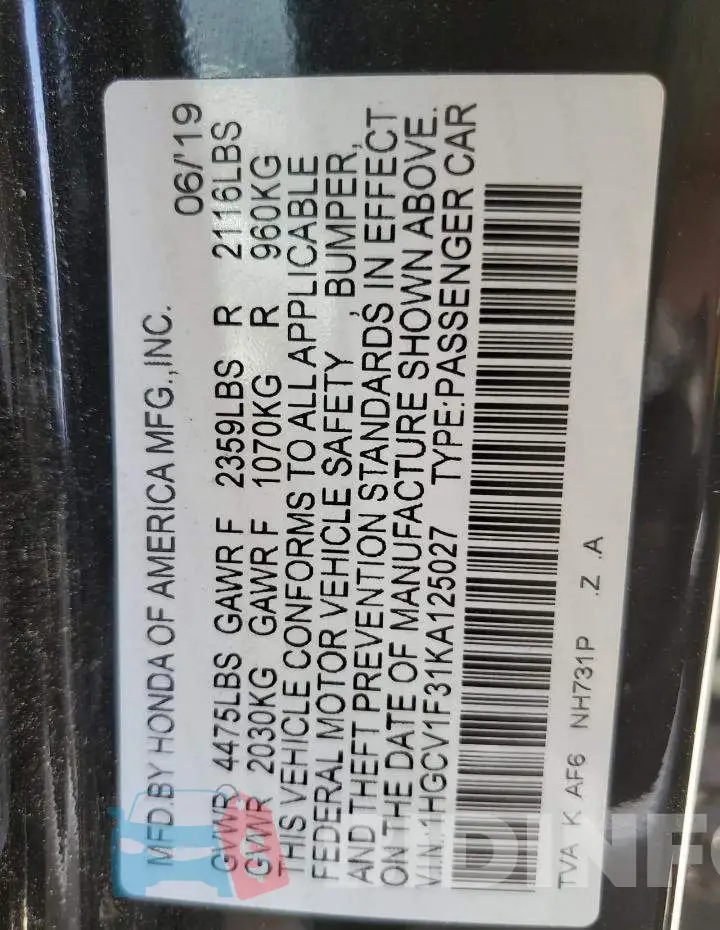 1HGCV1F31KA125027 Photo# 12