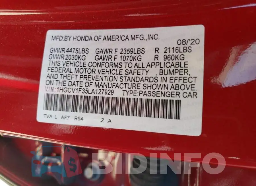 1HGCV1F35LA127929 Photo# 12