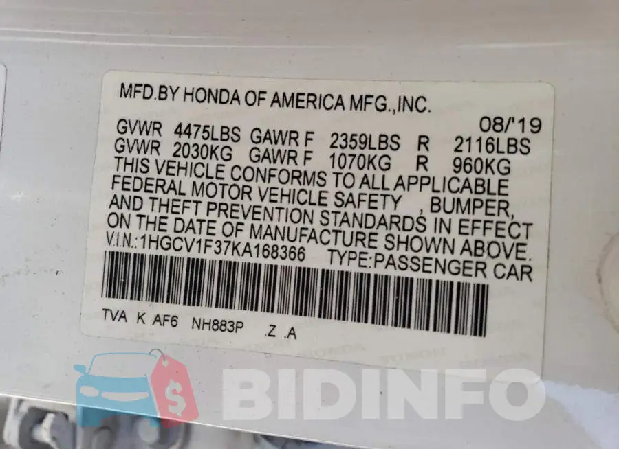 1HGCV1F37KA168366 Photo# 12