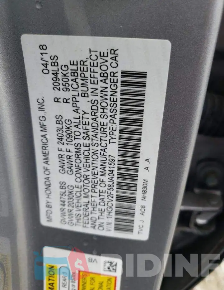 1HGCV2F58JA041597 Photo# 12