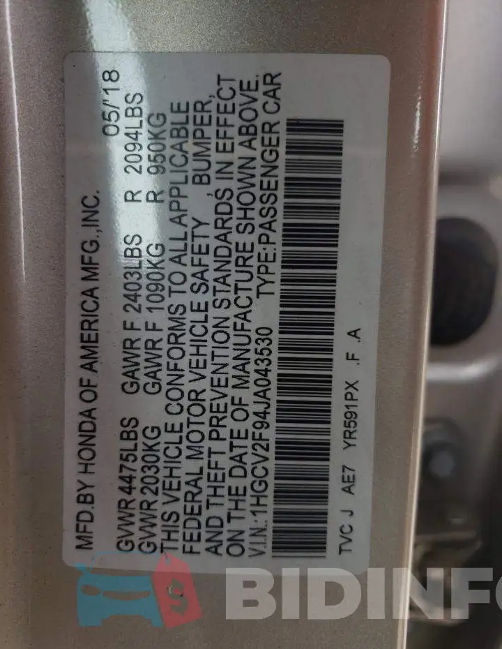 1HGCV2F94JA043530 Photo# 12