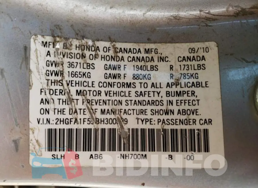 2HGFA1F59BH300829 Photo# 12