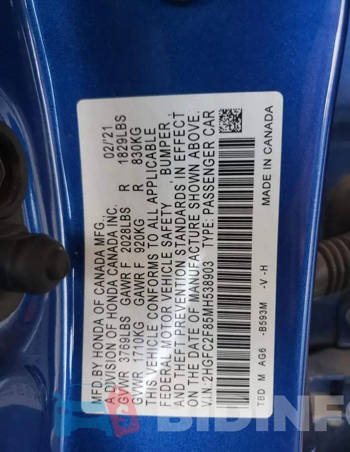 2HGFC2F85MH538903 Photo# 13