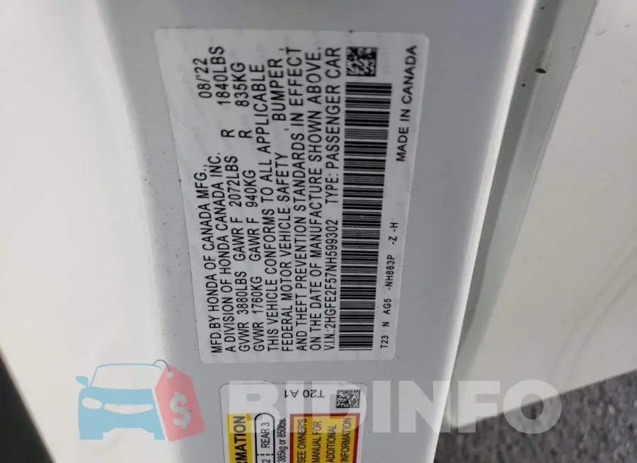 2HGFE2F57NH599302 Photo# 12