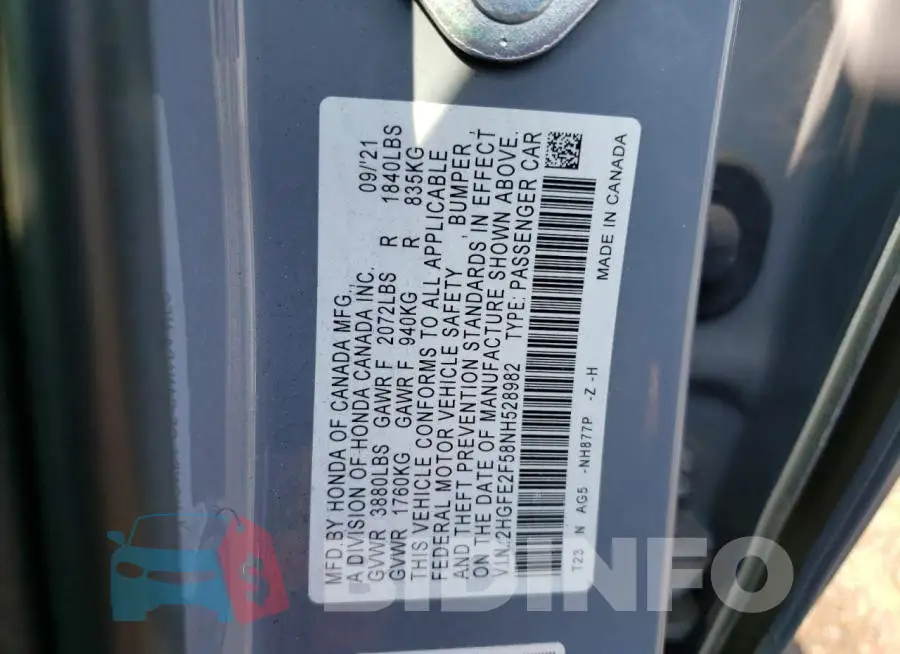 2HGFE2F58NH528982 Photo# 12