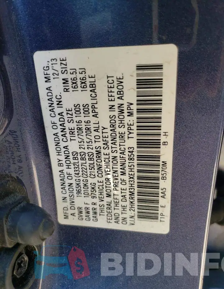 2HKRM3H3XEH518543 Photo# 12