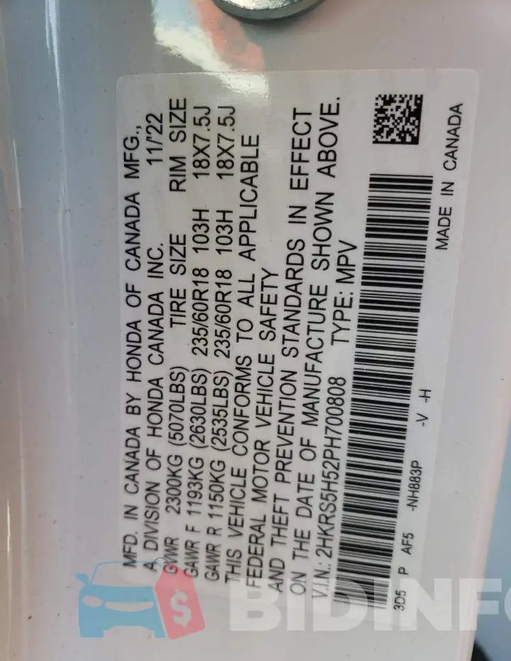 2HKRS5H52PH700808 Photo# 13