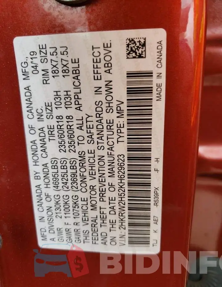 2HKRW2H52KH629623 Photo# 14