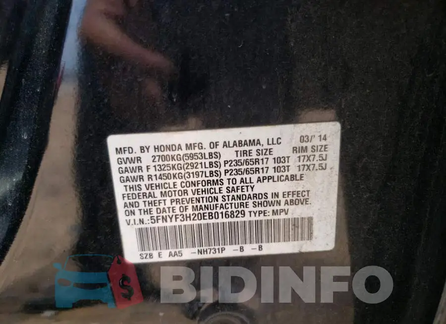5FNYF3H20EB016829 Photo# 13