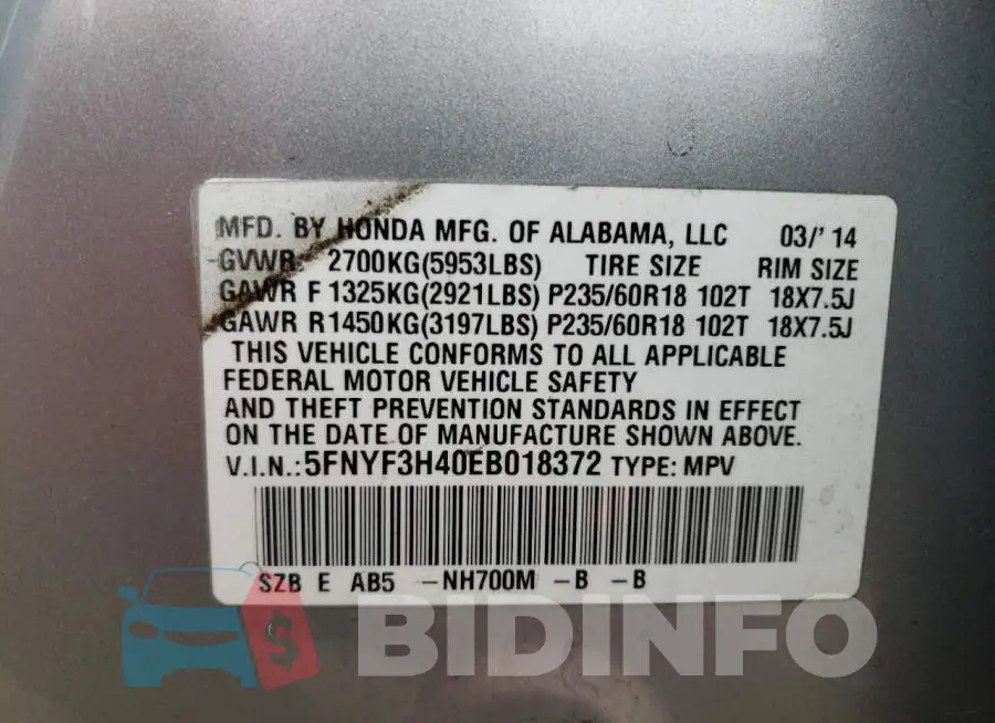 5FNYF3H40EB018372 Photo# 14