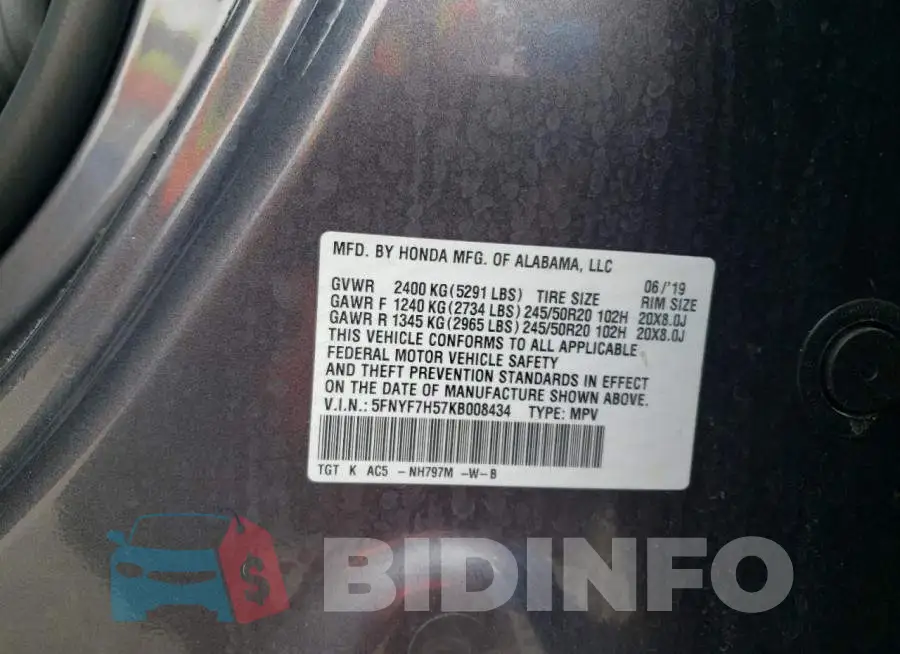 5FNYF7H57KB008434 Photo# 12