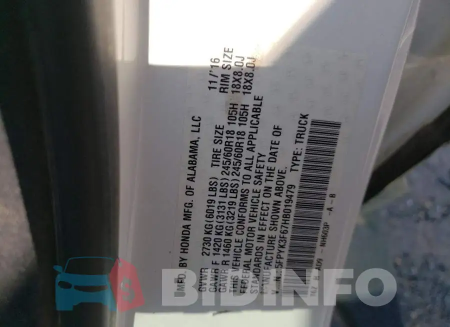 5FPYK3F67HB019479 Photo# 13