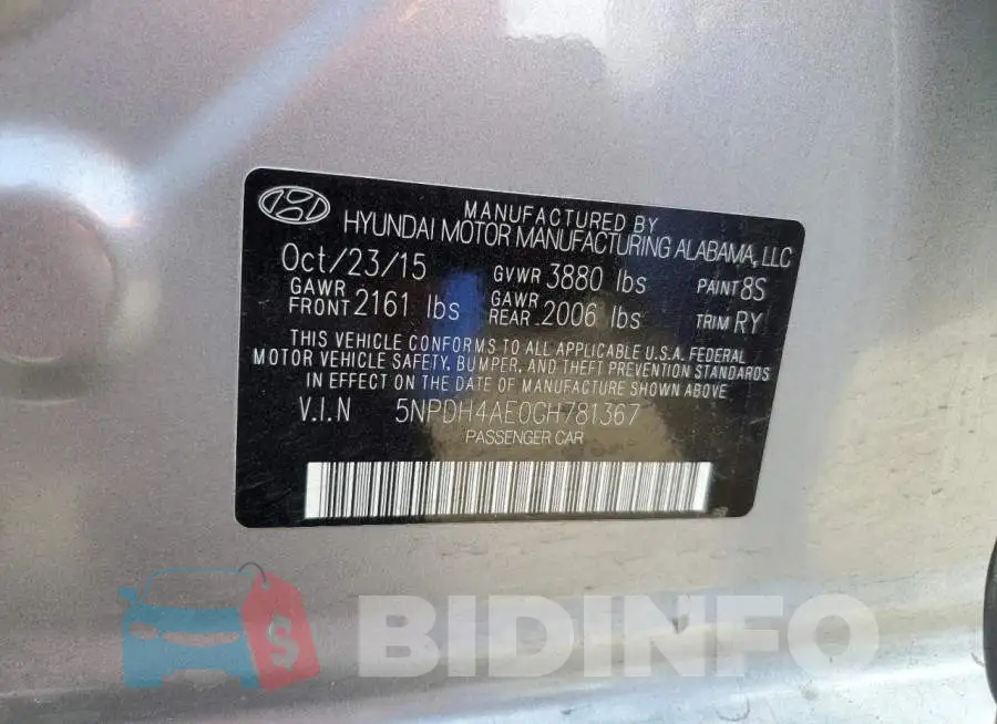 5NPDH4AE0GH781367 Photo# 12